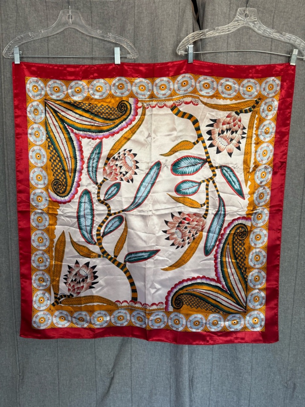 Beautiful 35” Large Vintage Floral Silk Red Orange Cream Scarf Corpcore Academia